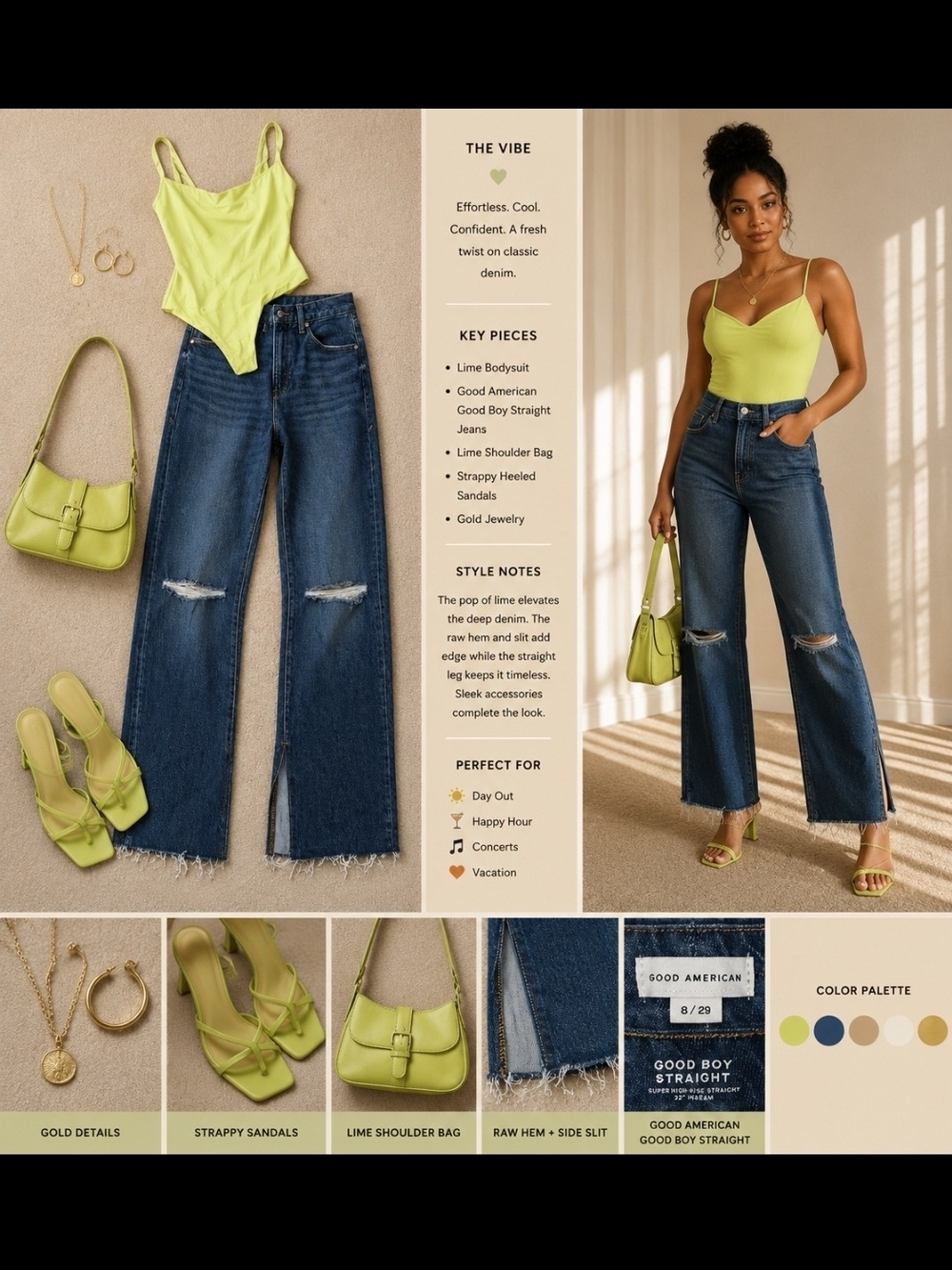 Good American Lime Bodysuit with Dark Blue Good Boy Straight Jeans